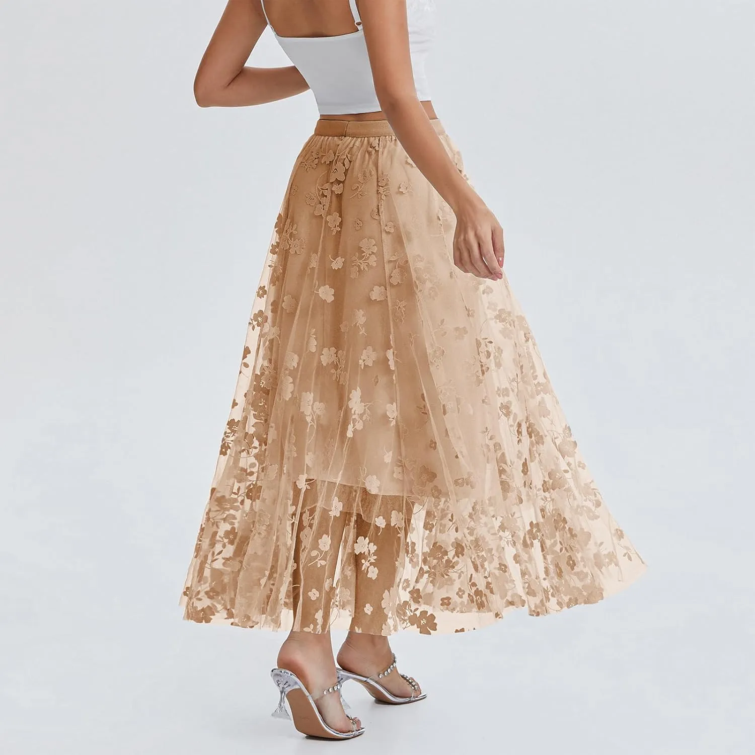 Women's Tulle Midi Skirt Elastic High Waist Layered Pleated Mesh Flowy A-Line Prom Party Long Tutu Skirts