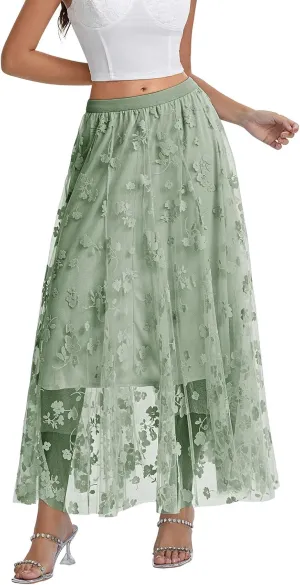 Women's Tulle Midi Skirt Elastic High Waist Layered Pleated Mesh Flowy A-Line Prom Party Long Tutu Skirts