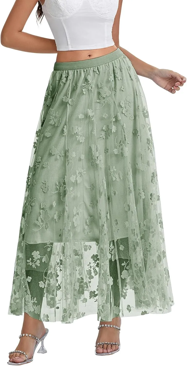 Women's Tulle Midi Skirt Elastic High Waist Layered Pleated Mesh Flowy A-Line Prom Party Long Tutu Skirts