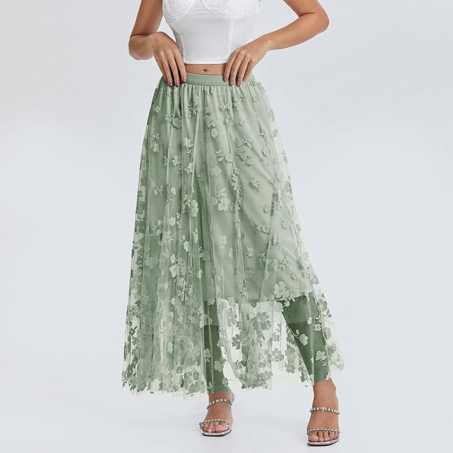 Women's Tulle Midi Skirt Elastic High Waist Layered Pleated Mesh Flowy A-Line Prom Party Long Tutu Skirts