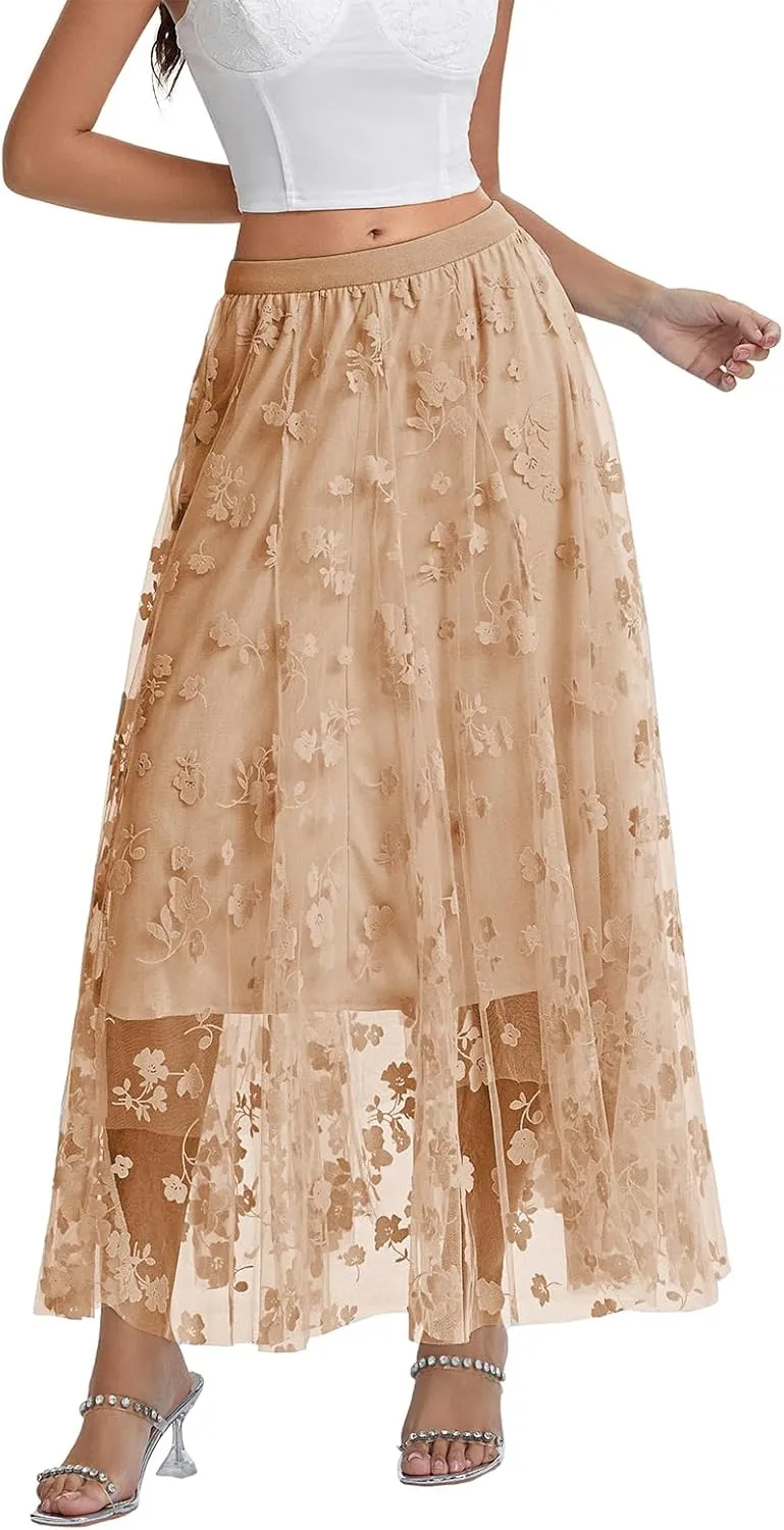 Women's Tulle Midi Skirt Elastic High Waist Layered Pleated Mesh Flowy A-Line Prom Party Long Tutu Skirts