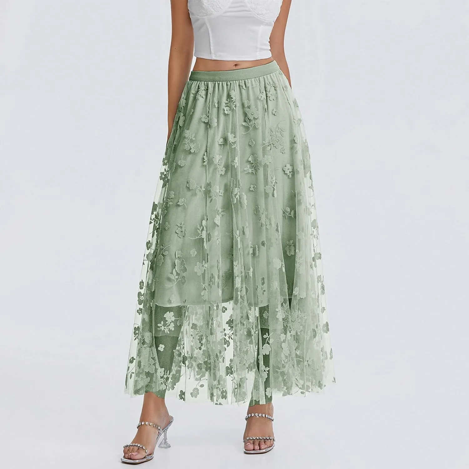 Women's Tulle Midi Skirt Elastic High Waist Layered Pleated Mesh Flowy A-Line Prom Party Long Tutu Skirts
