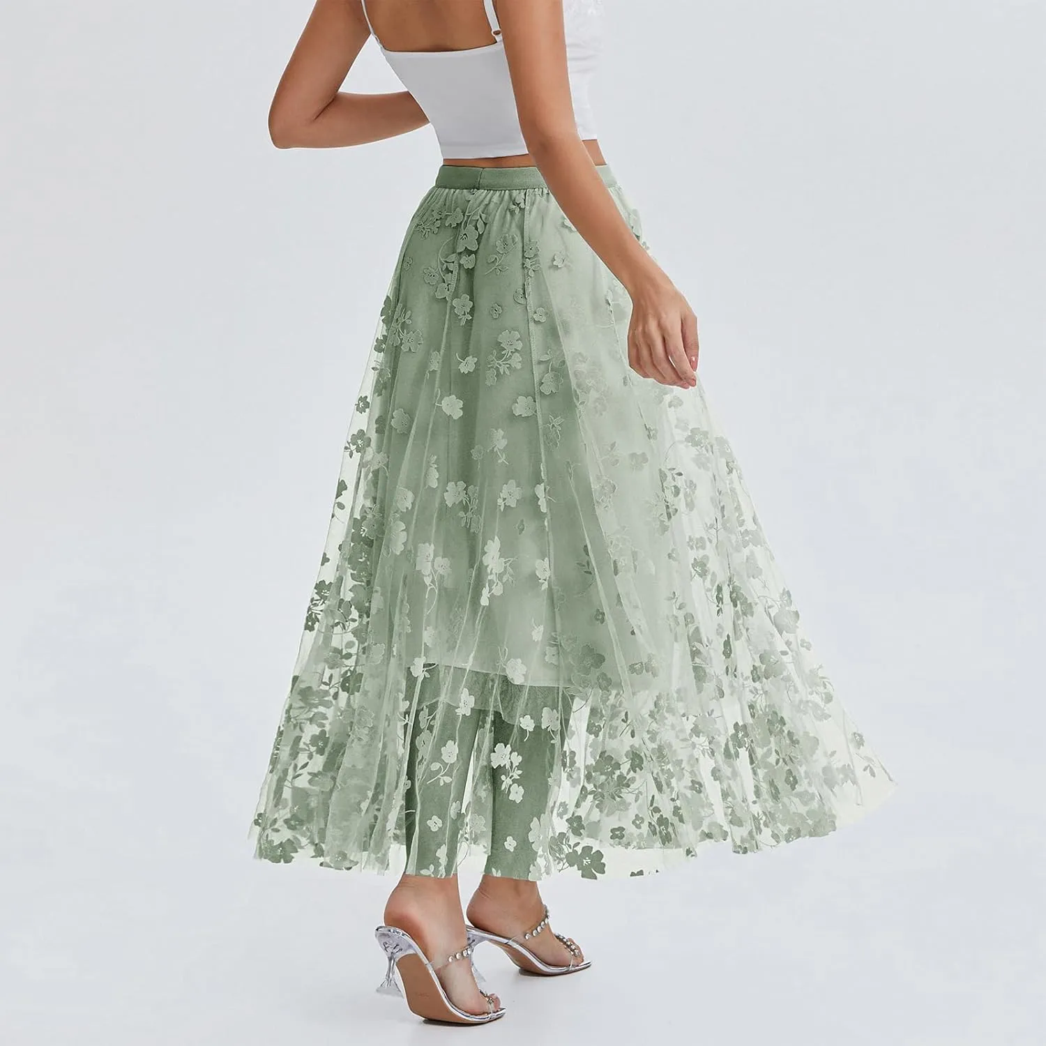 Women's Tulle Midi Skirt Elastic High Waist Layered Pleated Mesh Flowy A-Line Prom Party Long Tutu Skirts