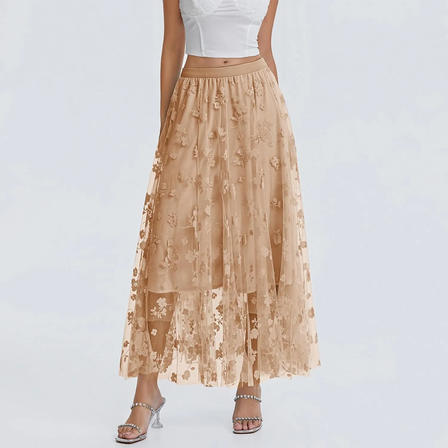 Women's Tulle Midi Skirt Elastic High Waist Layered Pleated Mesh Flowy A-Line Prom Party Long Tutu Skirts