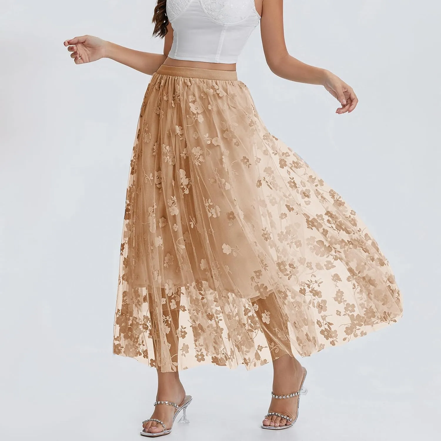 Women's Tulle Midi Skirt Elastic High Waist Layered Pleated Mesh Flowy A-Line Prom Party Long Tutu Skirts