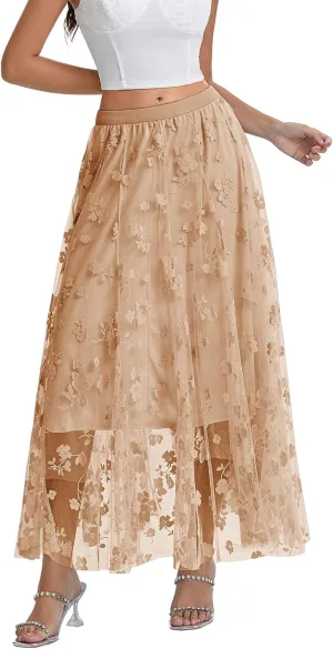 Women's Tulle Midi Skirt Elastic High Waist Layered Pleated Mesh Flowy A-Line Prom Party Long Tutu Skirts