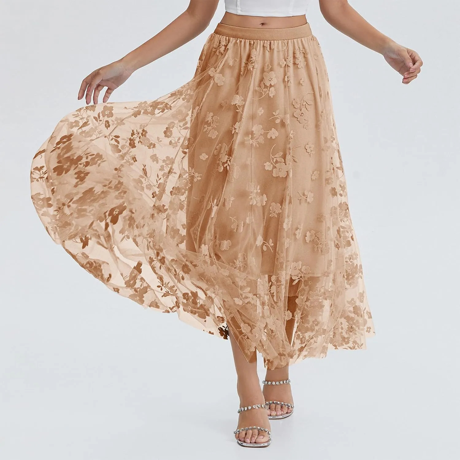 Women's Tulle Midi Skirt Elastic High Waist Layered Pleated Mesh Flowy A-Line Prom Party Long Tutu Skirts