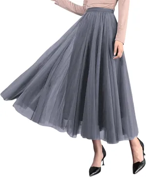 Women's Tulle Midi Skirt Elastic High Waist Layered Pleated Mesh Flowy A-Line Prom Party Long Tutu Skirts