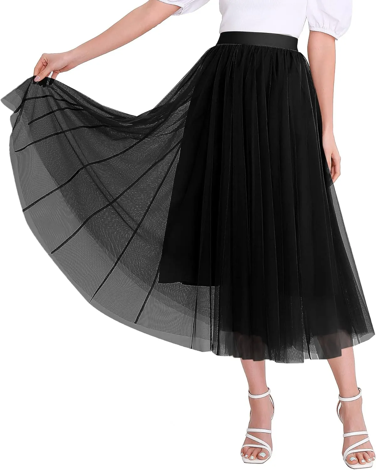 Women’s Tulle Skirts Midi Elastic High Waist Pleated Mesh Flowy A-Line Party Long Tutu Skirts…
