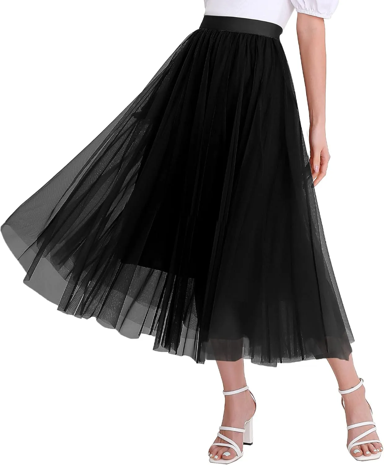 Women’s Tulle Skirts Midi Elastic High Waist Pleated Mesh Flowy A-Line Party Long Tutu Skirts…