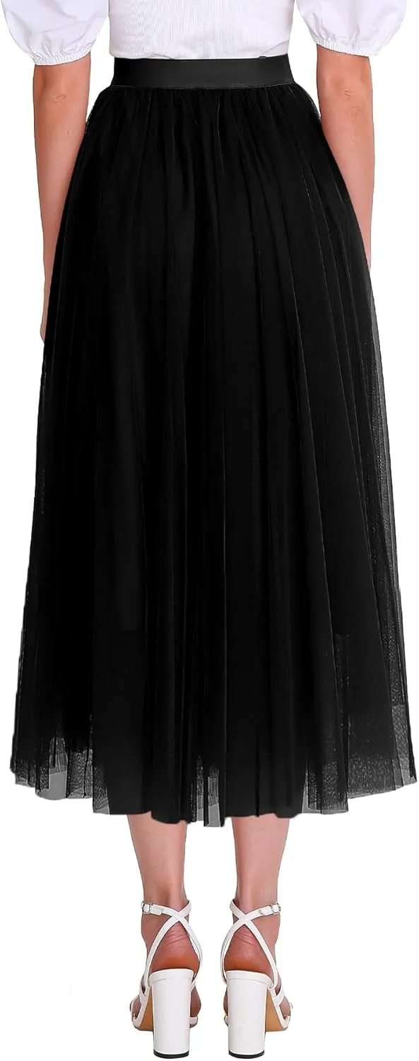 Women’s Tulle Skirts Midi Elastic High Waist Pleated Mesh Flowy A-Line Party Long Tutu Skirts…