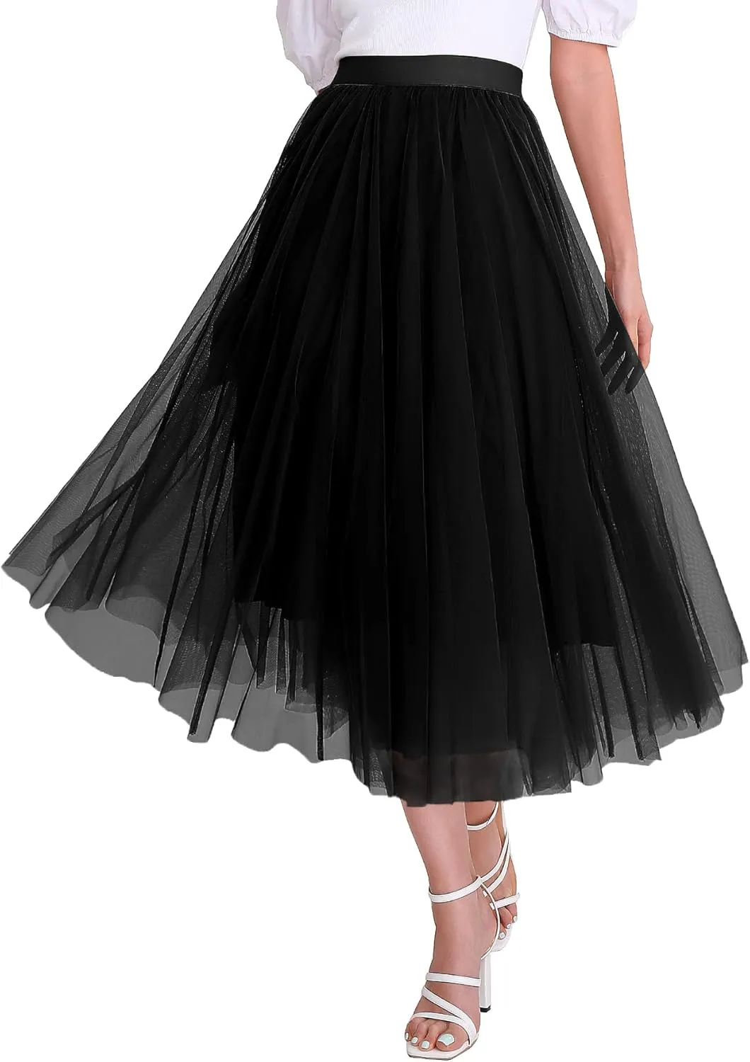 Women’s Tulle Skirts Midi Elastic High Waist Pleated Mesh Flowy A-Line Party Long Tutu Skirts…