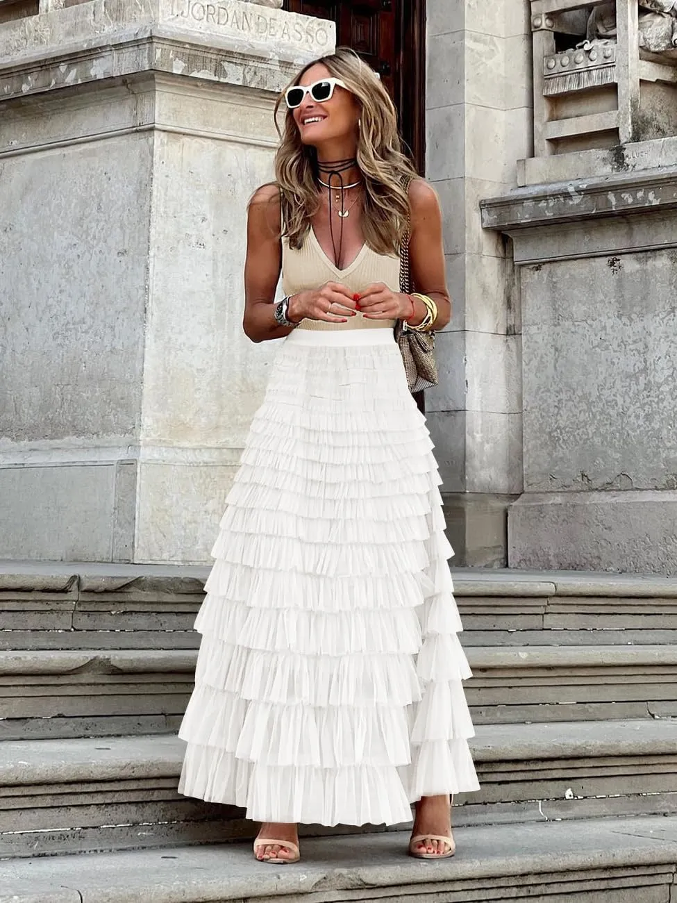 Women's Tulle Skirts Trendy Elastic Waist Layered Mesh Long Skirt A-Line Ruffles Fairy Skirts