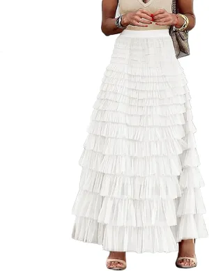Women's Tulle Skirts Trendy Elastic Waist Layered Mesh Long Skirt A-Line Ruffles Fairy Skirts