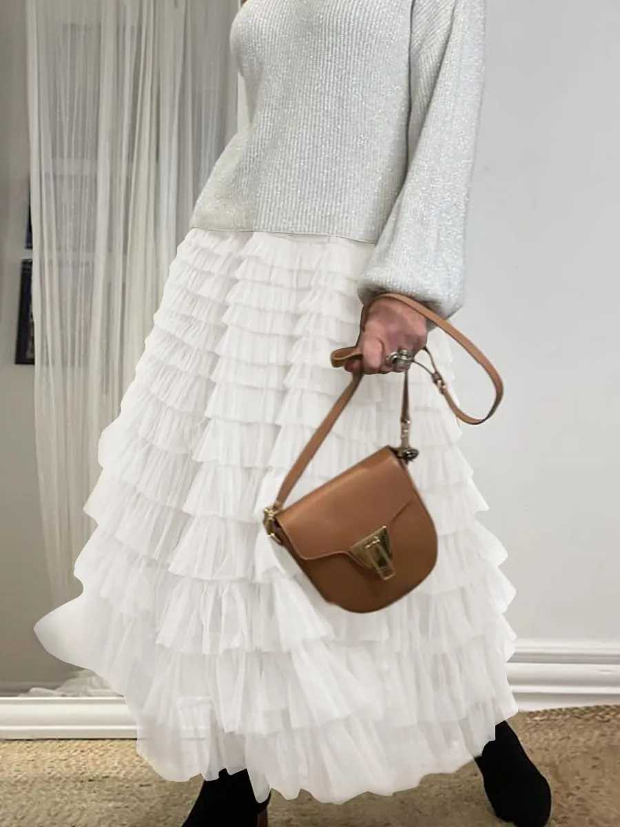Women's Tulle Skirts Trendy Elastic Waist Layered Mesh Long Skirt A-Line Ruffles Fairy Skirts