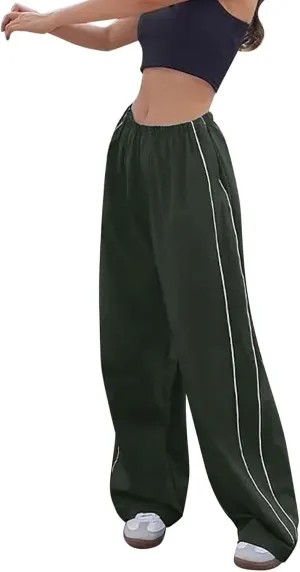 Womens Wide Leg Pants Summer Fashion Striped Pants Elastic Waist Pant Color Block Loose Casual Trousers with Pockets