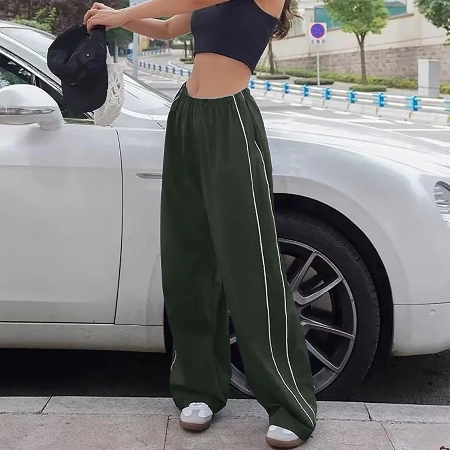 Womens Wide Leg Pants Summer Fashion Striped Pants Elastic Waist Pant Color Block Loose Casual Trousers with Pockets
