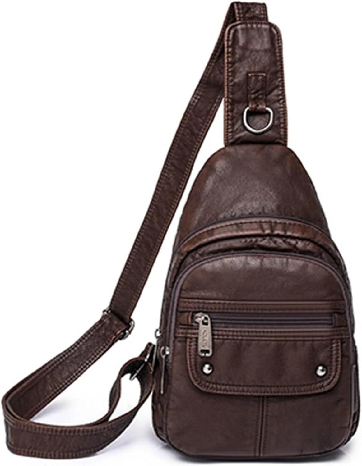 Womens's Vintage Sling Bag for Women Leather Chest Bags Crossbody Daypack Purse Shoulder Backpack Satchel Bag, Dark Brown