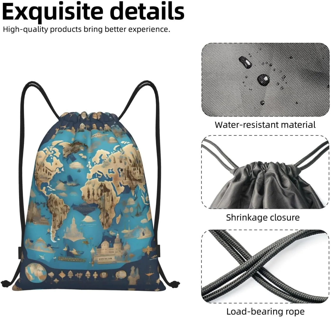 World Geography Map Stylish Drawstring Backpacks Cinch Bags, Gym Cinch Bag Polyester String Bag For Men Women