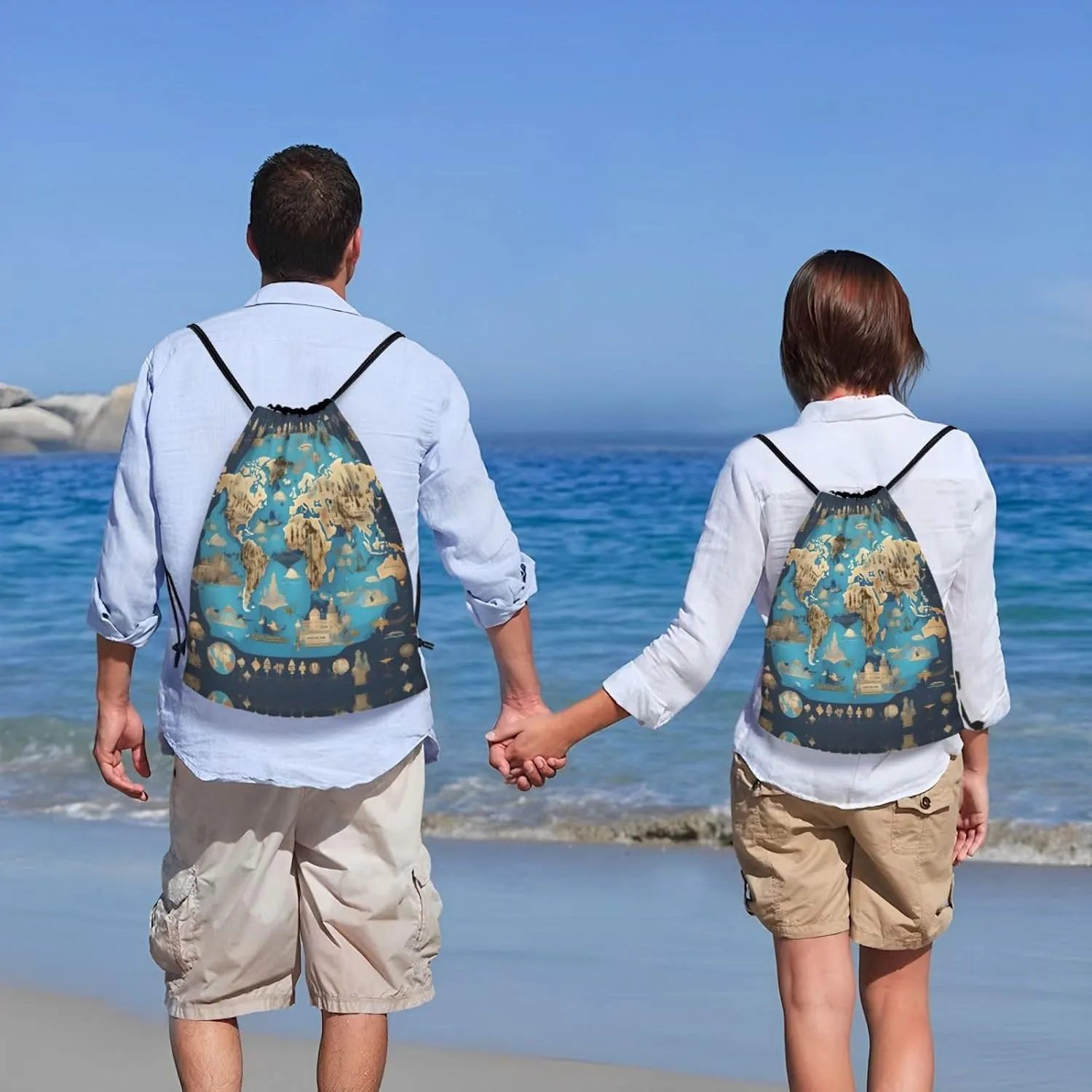 World Geography Map Stylish Drawstring Backpacks Cinch Bags, Gym Cinch Bag Polyester String Bag For Men Women