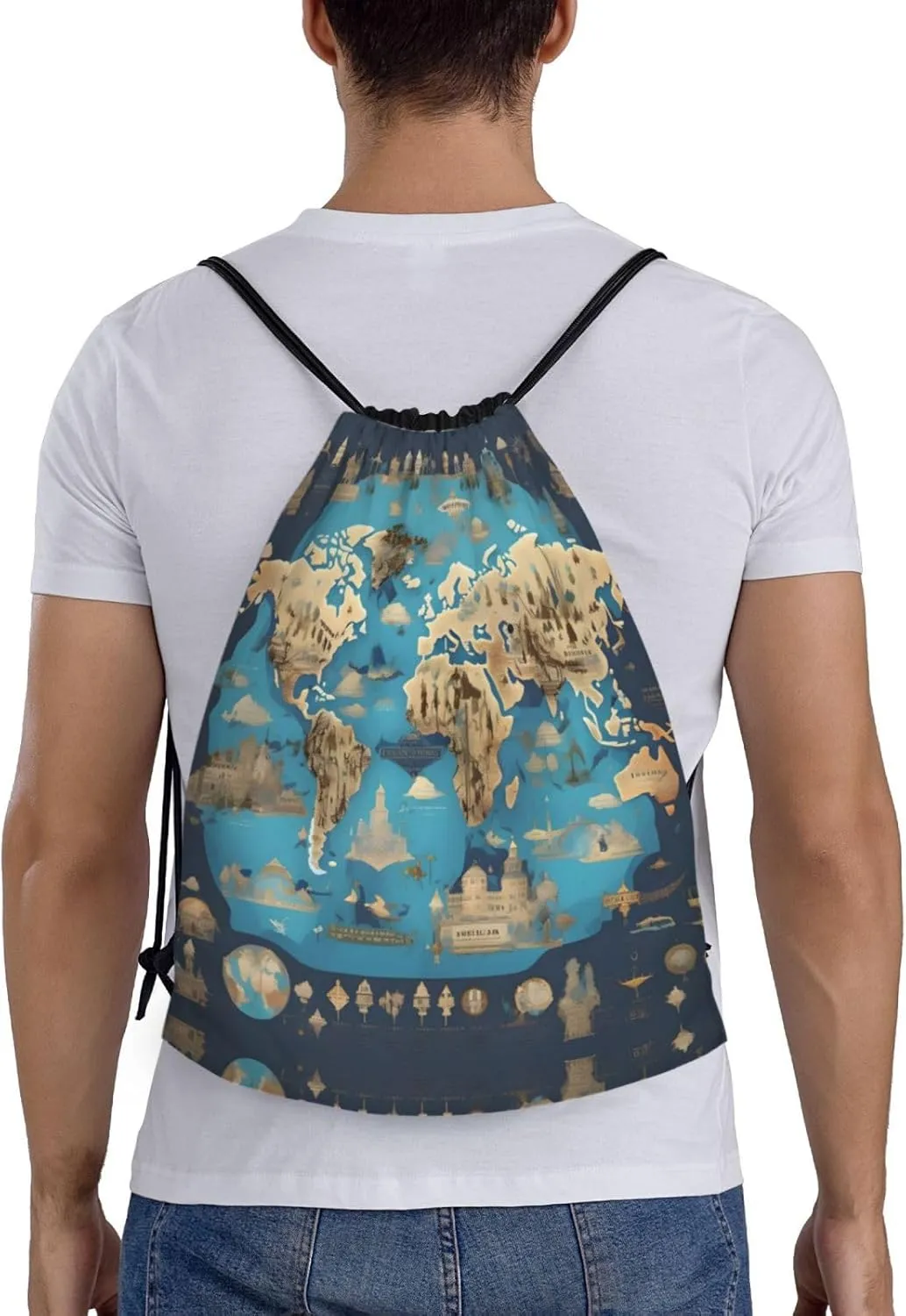 World Geography Map Stylish Drawstring Backpacks Cinch Bags, Gym Cinch Bag Polyester String Bag For Men Women