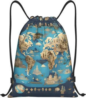 World Geography Map Stylish Drawstring Backpacks Cinch Bags, Gym Cinch Bag Polyester String Bag For Men Women