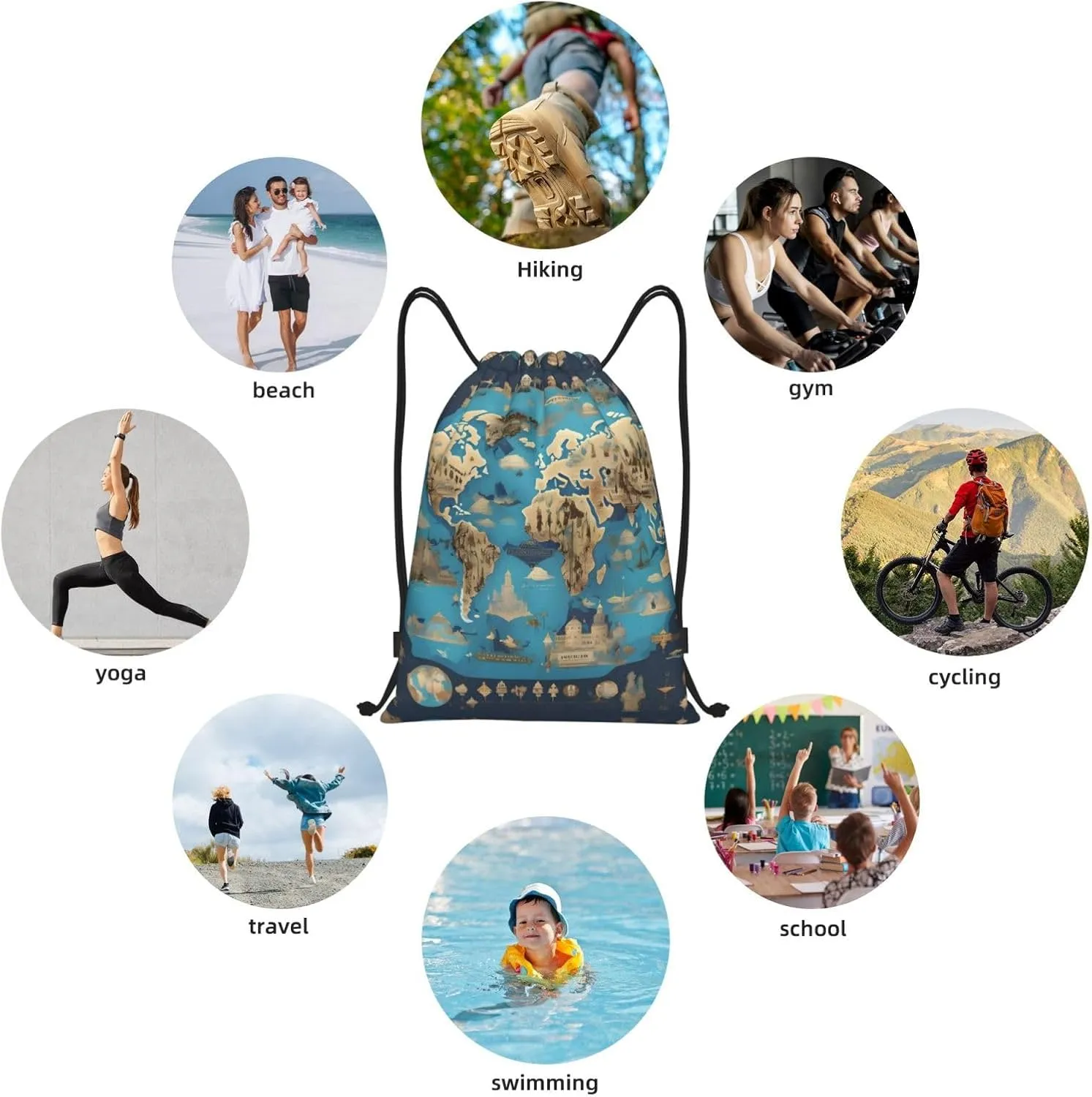 World Geography Map Stylish Drawstring Backpacks Cinch Bags, Gym Cinch Bag Polyester String Bag For Men Women