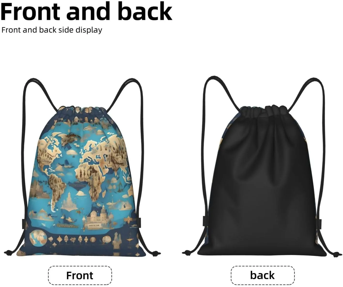World Geography Map Stylish Drawstring Backpacks Cinch Bags, Gym Cinch Bag Polyester String Bag For Men Women