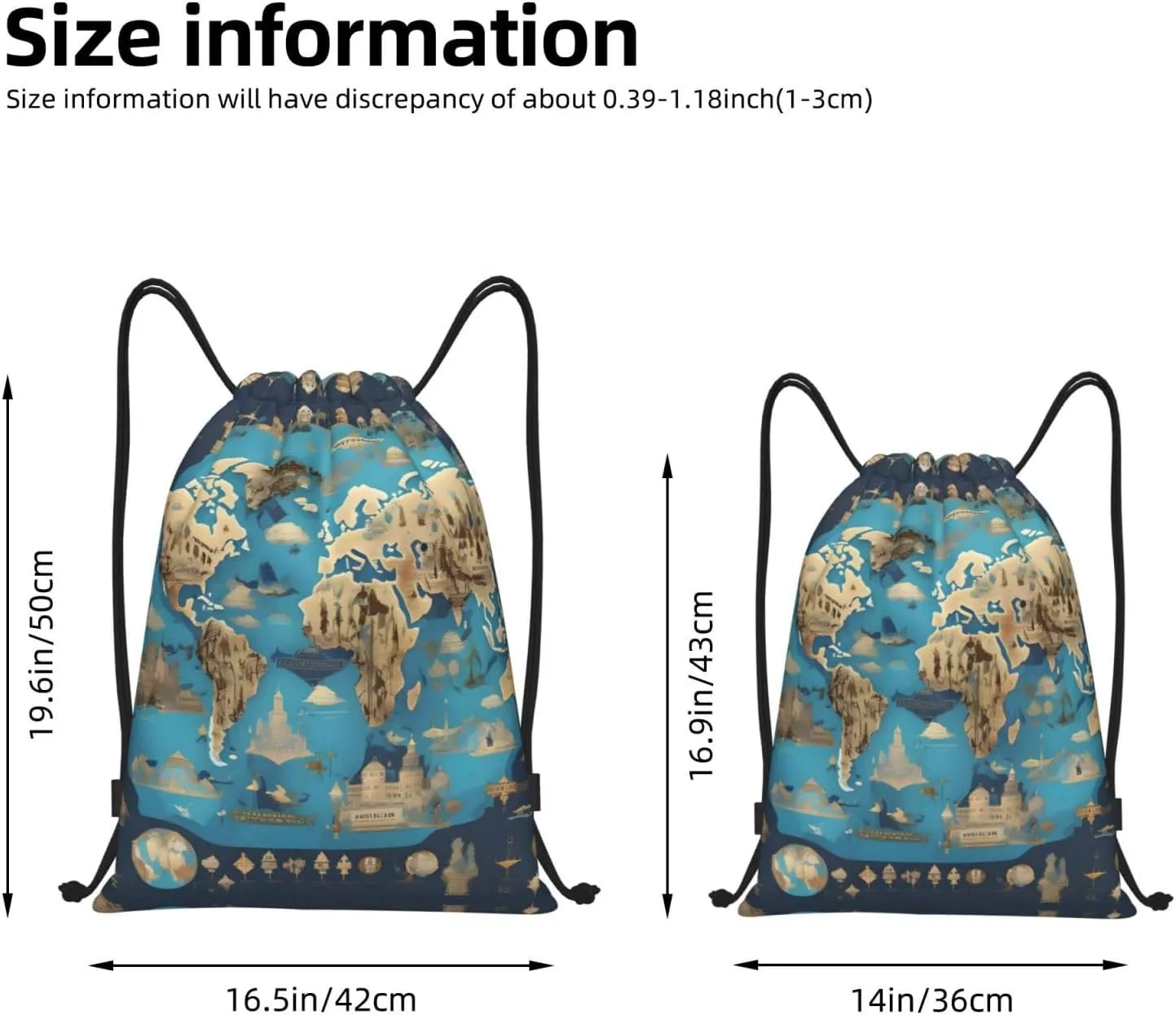 World Geography Map Stylish Drawstring Backpacks Cinch Bags, Gym Cinch Bag Polyester String Bag For Men Women