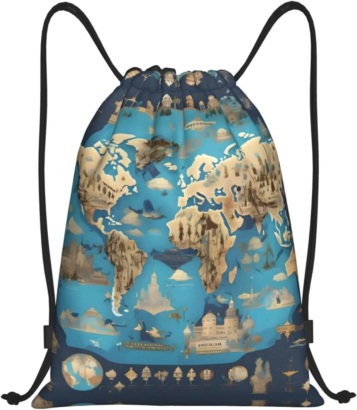 World Geography Map Stylish Drawstring Backpacks Cinch Bags, Gym Cinch Bag Polyester String Bag For Men Women