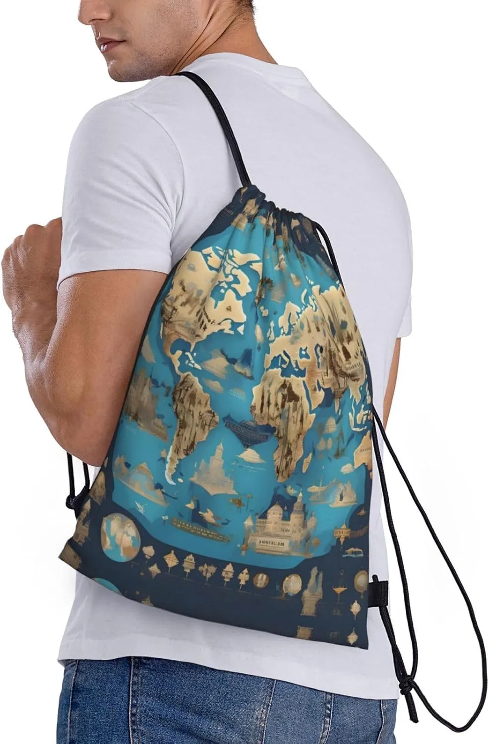World Geography Map Stylish Drawstring Backpacks Cinch Bags, Gym Cinch Bag Polyester String Bag For Men Women