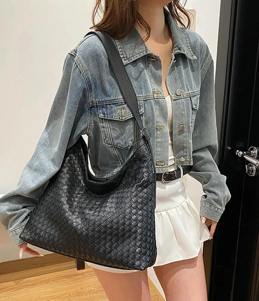 Woven Bags Women Slouchy Underarm Woven Tote Bag Trendy PU Leather Hobo Purse Vintage Shoulder Satchels Handbag for Work