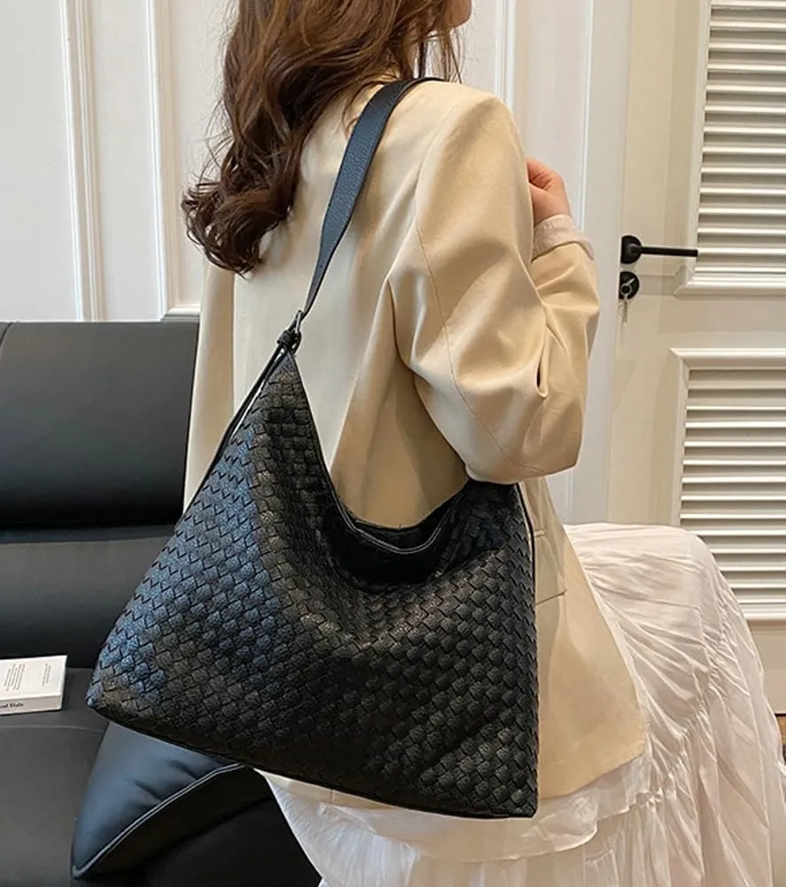Woven Bags Women Slouchy Underarm Woven Tote Bag Trendy PU Leather Hobo Purse Vintage Shoulder Satchels Handbag for Work