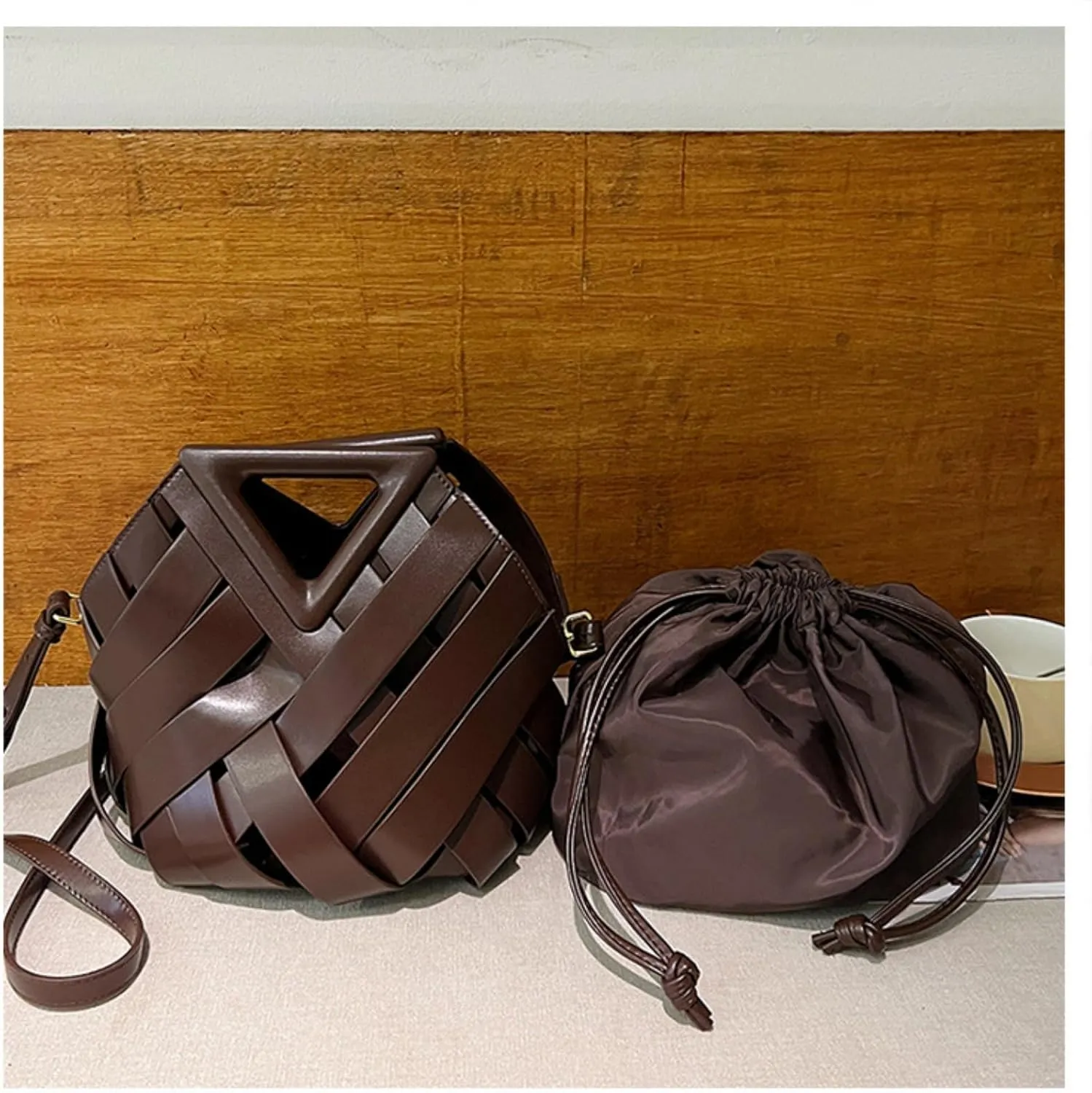 Woven Bucket Crossbody Bags for Women, Top-handle Retro Leather Adjustable Hobo Purse with Zipper Closure Shoulder Bag