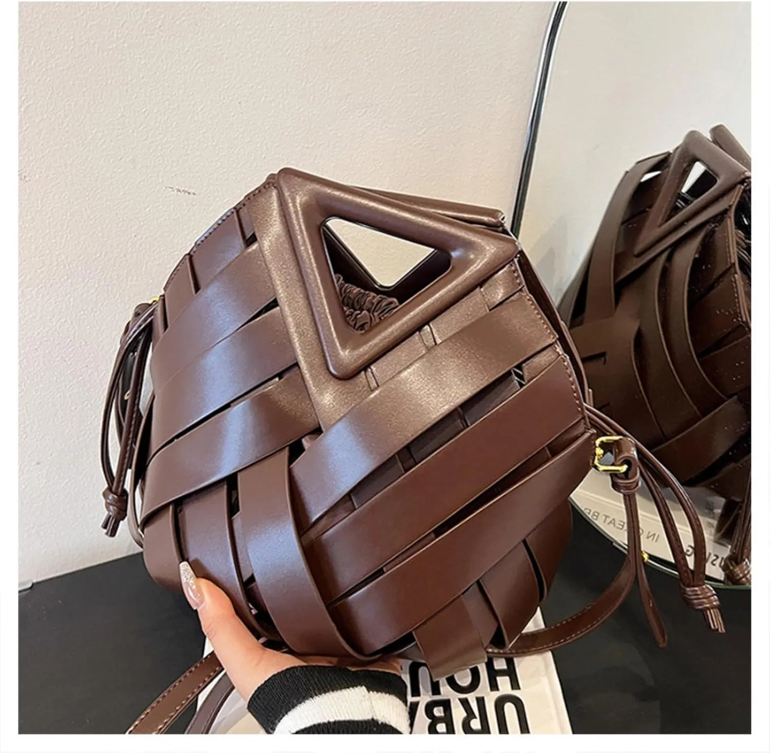 Woven Bucket Crossbody Bags for Women, Top-handle Retro Leather Adjustable Hobo Purse with Zipper Closure Shoulder Bag