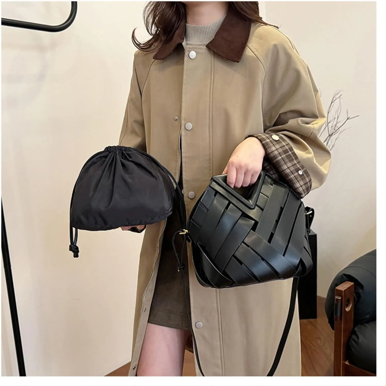 Woven Bucket Crossbody Bags for Women, Top-handle Retro Leather Adjustable Hobo Purse with Zipper Closure Shoulder Bag