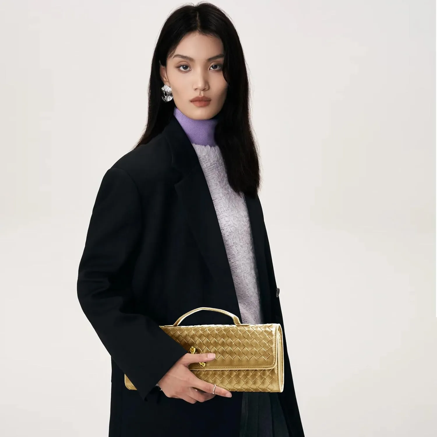 Woven Clutch Purses for Women, Formal Satchel Leather Evening Bag Shoulder Handbag