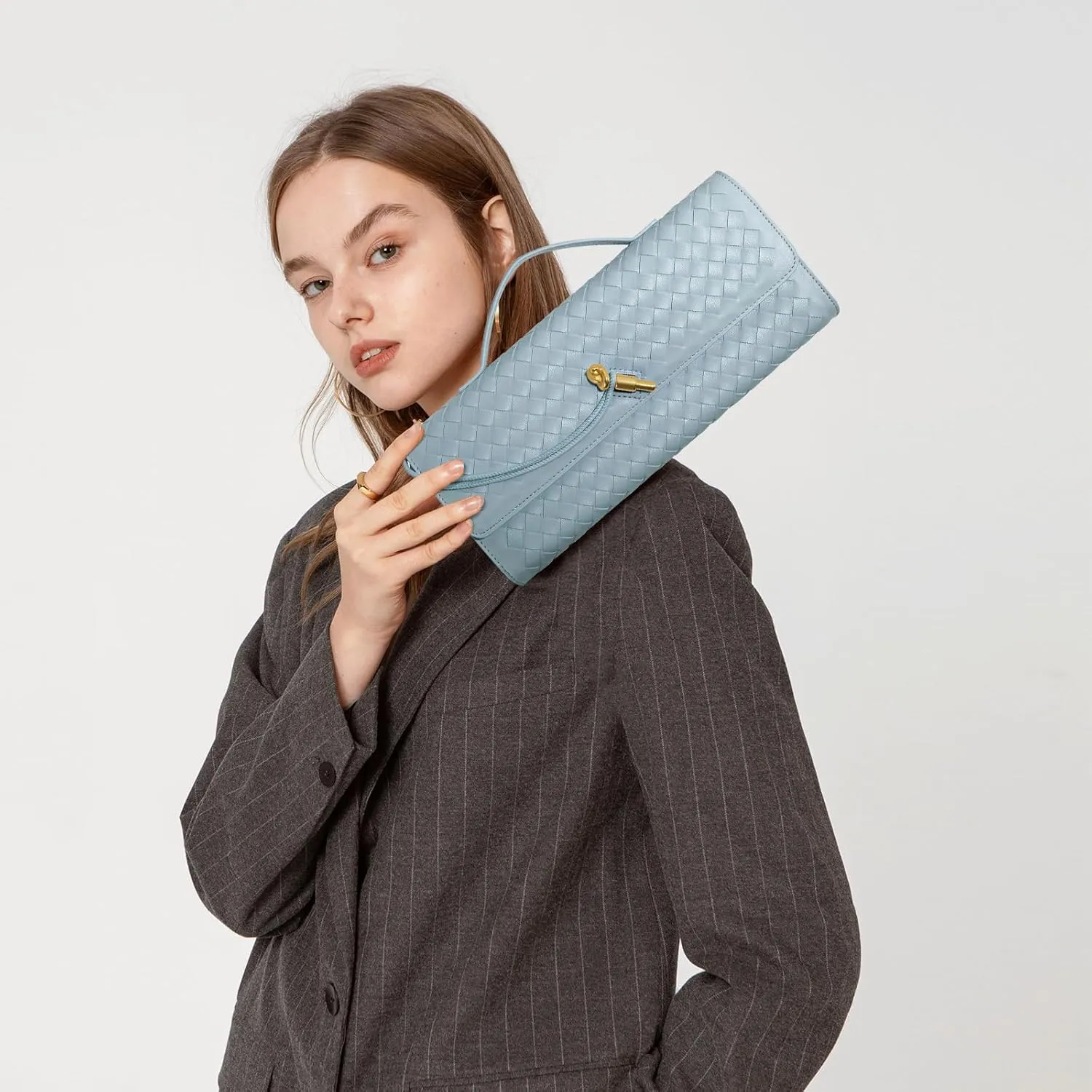 Woven Clutch Purses for Women, Formal Satchel Leather Evening Bag Shoulder Handbag