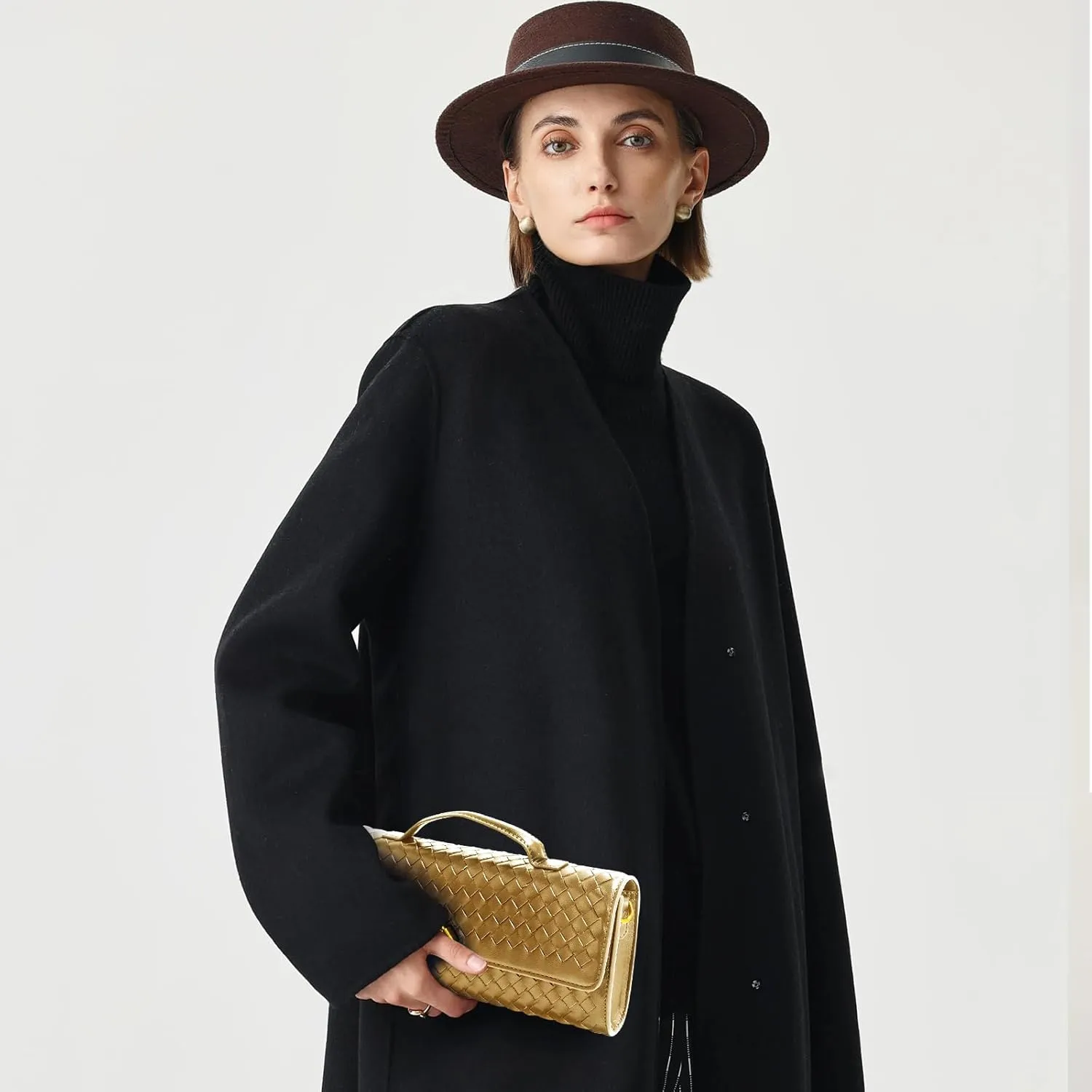 Woven Clutch Purses for Women, Formal Satchel Leather Evening Bag Shoulder Handbag