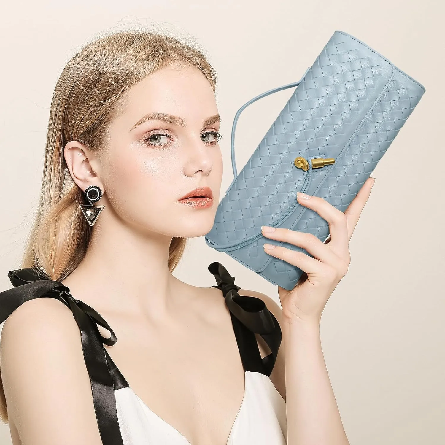 Woven Clutch Purses for Women, Formal Satchel Leather Evening Bag Shoulder Handbag