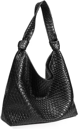 Woven Hobo Bags for Women Soft PU Leather Slouchy Bag Large Capacity Woven Leather Handbag Knotted Handle Slouchy Tote Purses