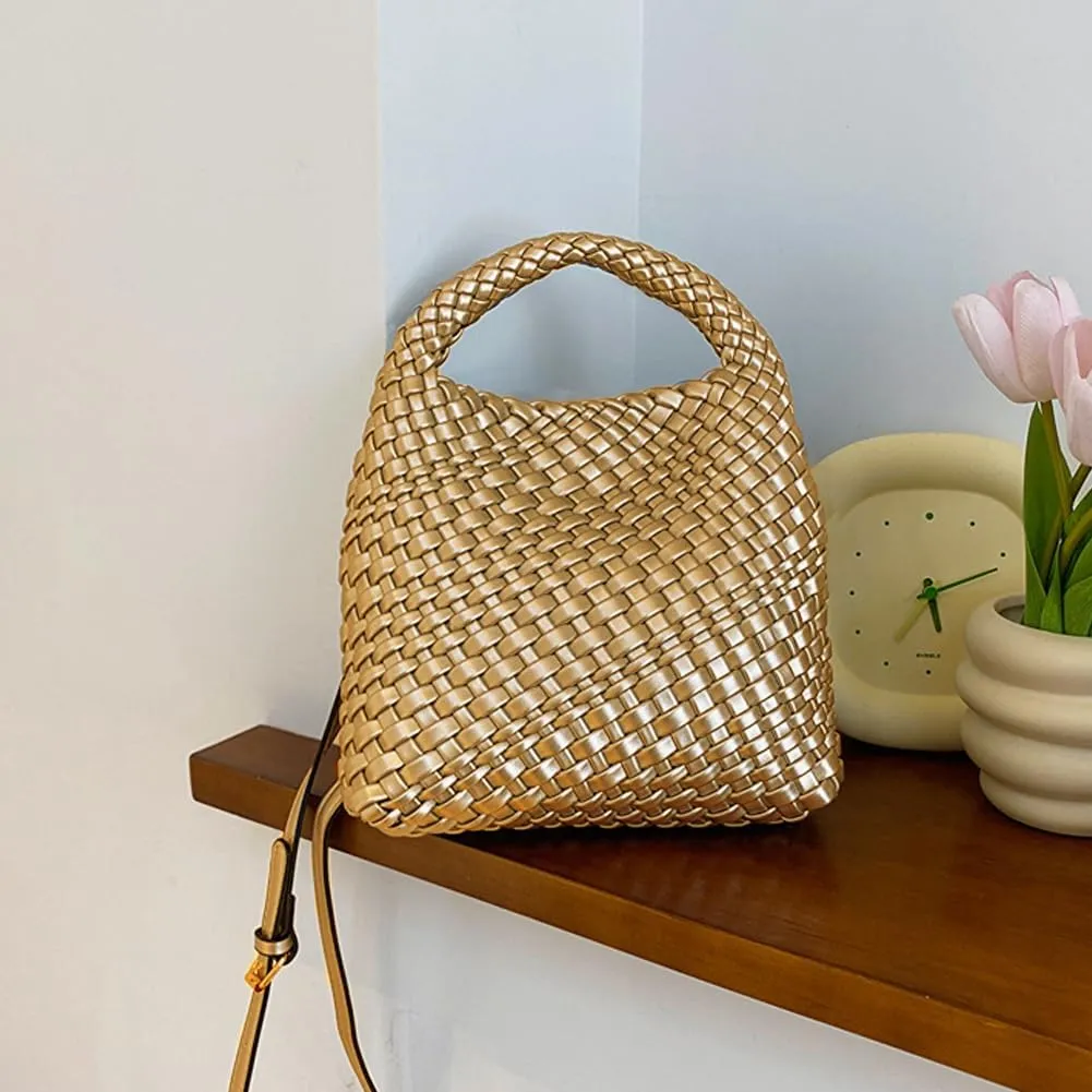 Woven Leather Bags for Women Knoted Women Handbag Designer Shoulder Bucket Purse Handmade Fashion Tote Hobo Bag Small