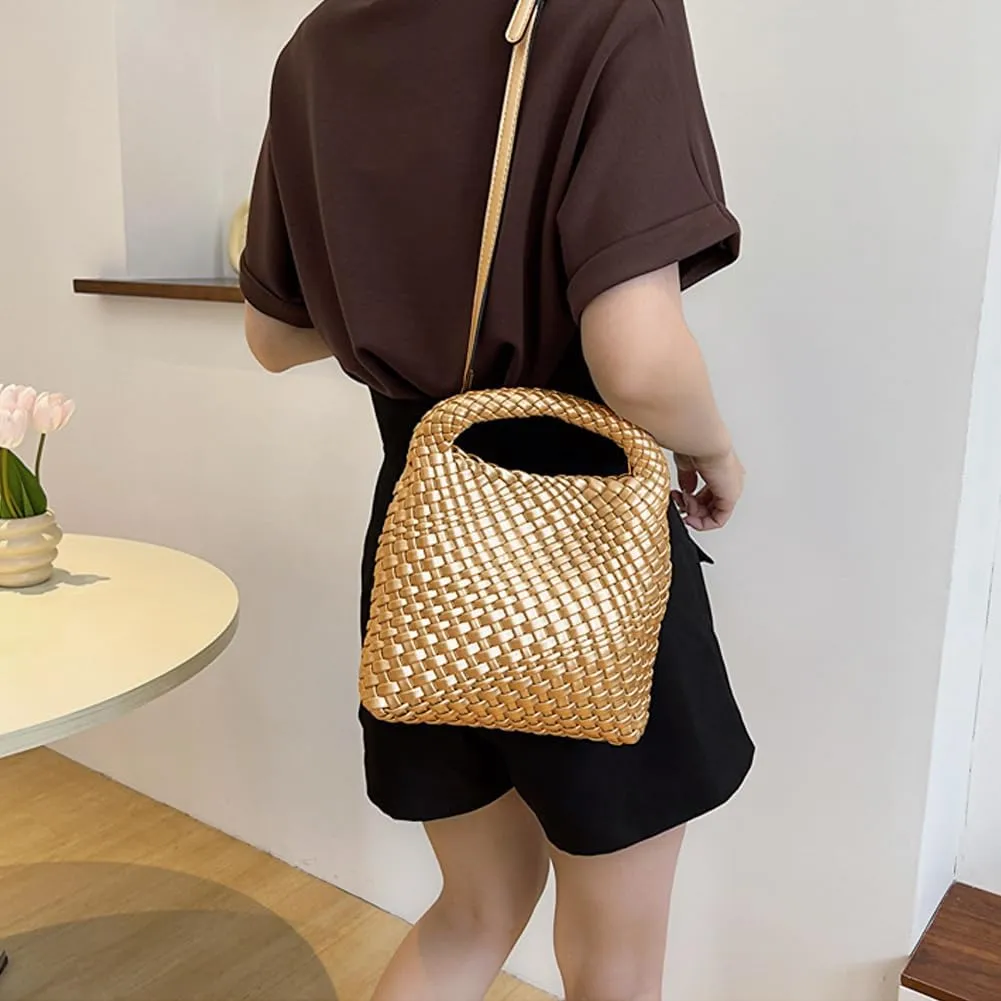 Woven Leather Bags for Women Knoted Women Handbag Designer Shoulder Bucket Purse Handmade Fashion Tote Hobo Bag Small