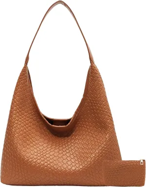 Woven Shoulder Bags for Women 2 PCS Small Leather Hobo Handbag Trendy Underarm Purse Fall Slouchy Tote Bag 2025