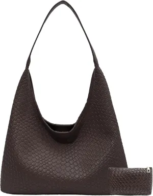Woven Shoulder Bags for Women 2 PCS Small Leather Hobo Handbag Trendy Underarm Purse Fall Slouchy Tote Bag 2025