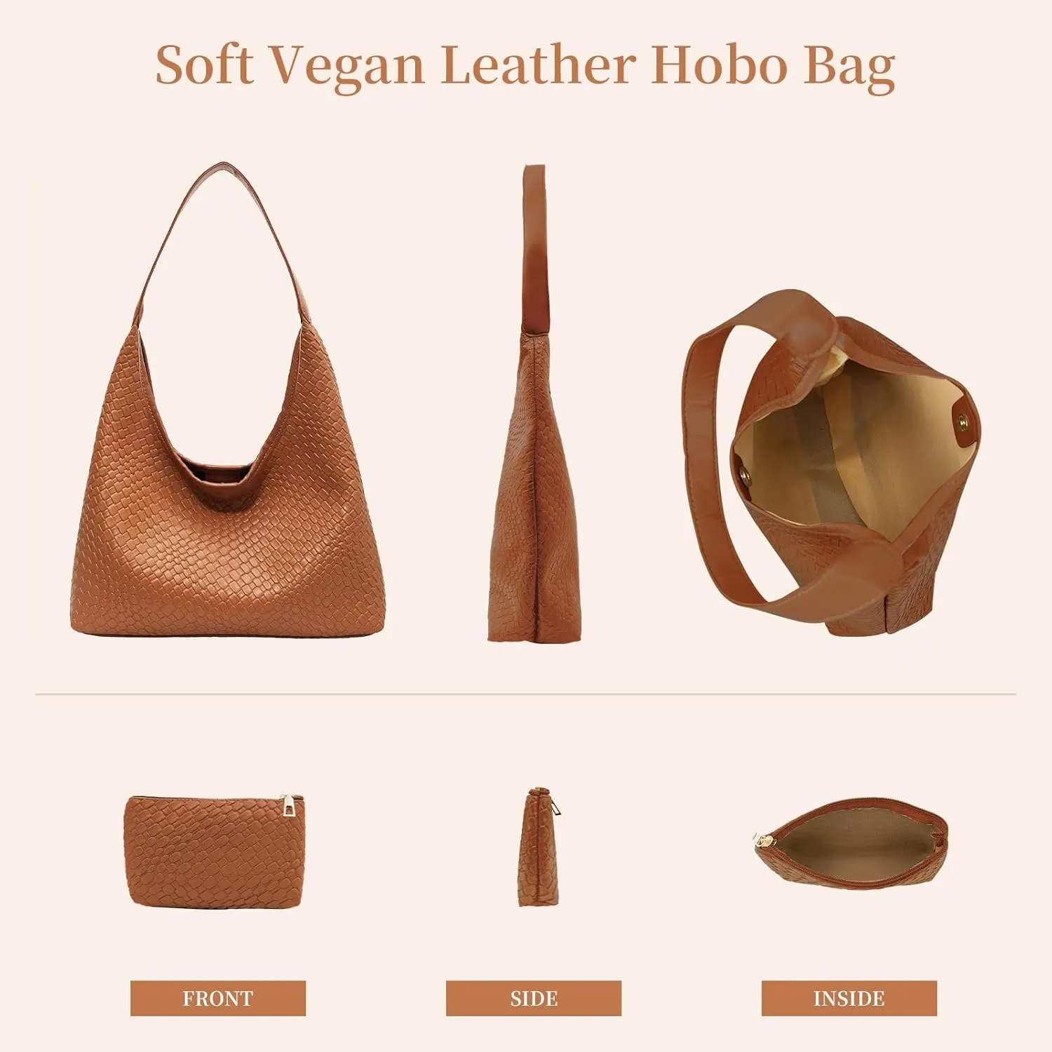 Woven Shoulder Bags for Women 2 PCS Small Leather Hobo Handbag Trendy Underarm Purse Fall Slouchy Tote Bag 2025