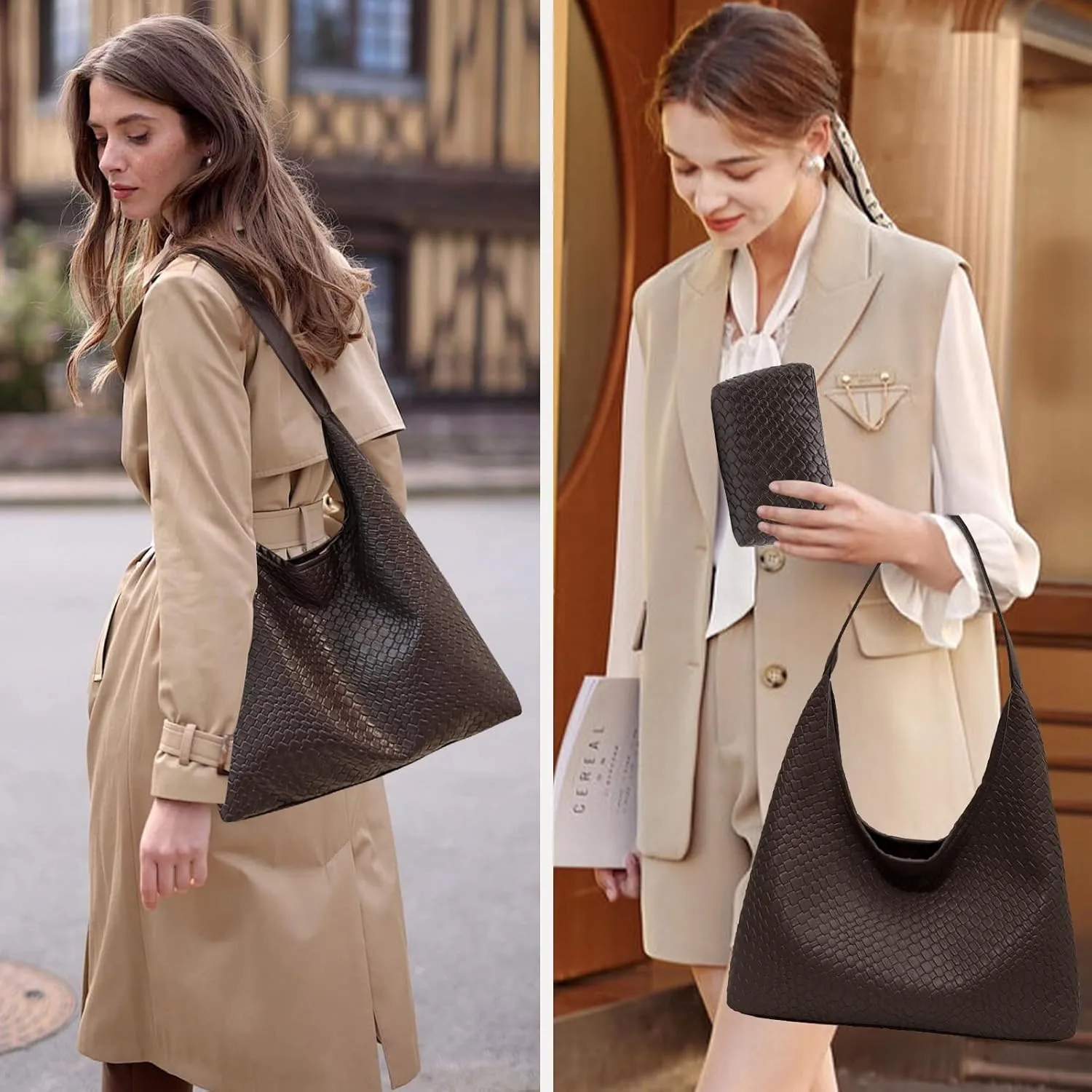 Woven Shoulder Bags for Women 2 PCS Small Leather Hobo Handbag Trendy Underarm Purse Fall Slouchy Tote Bag 2025