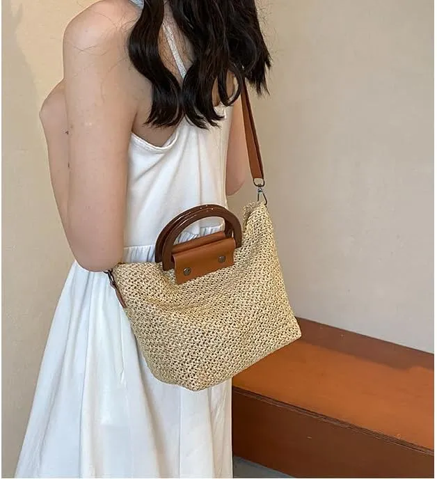 Woven Straw Crossbody Bag for Women - Trendy Tote Beach Vacation Casual Shoulder Handbag Retro Shoulder Bag Purse