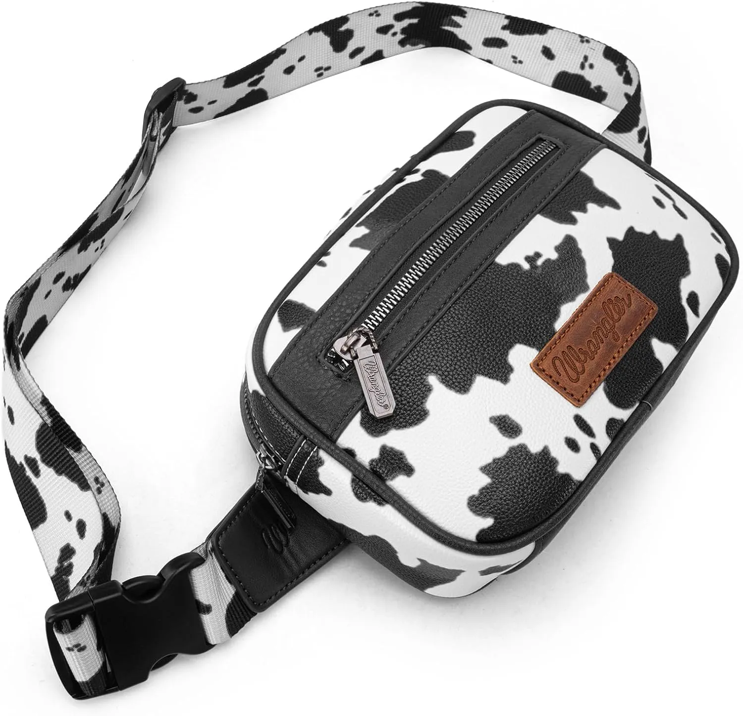 Wrangler Waist Pack for Women Cow Print Fanny Pack Men's Crossbody Belt Bag With Guitar Strap, Black
