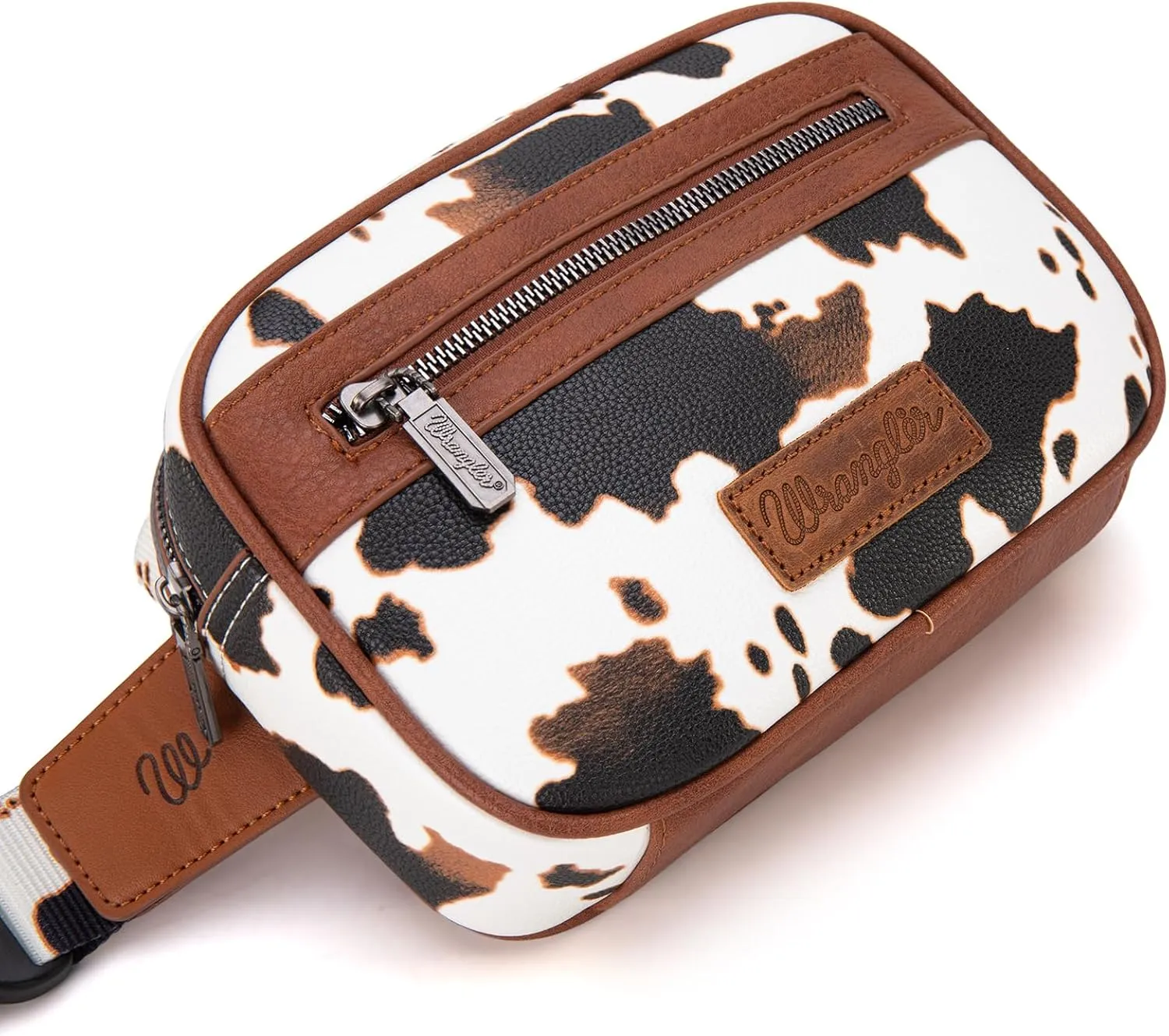 Wrangler Waist Pack for Women Cow Print Fanny Pack Men's Crossbody Belt Bag With Guitar Strap, Brown